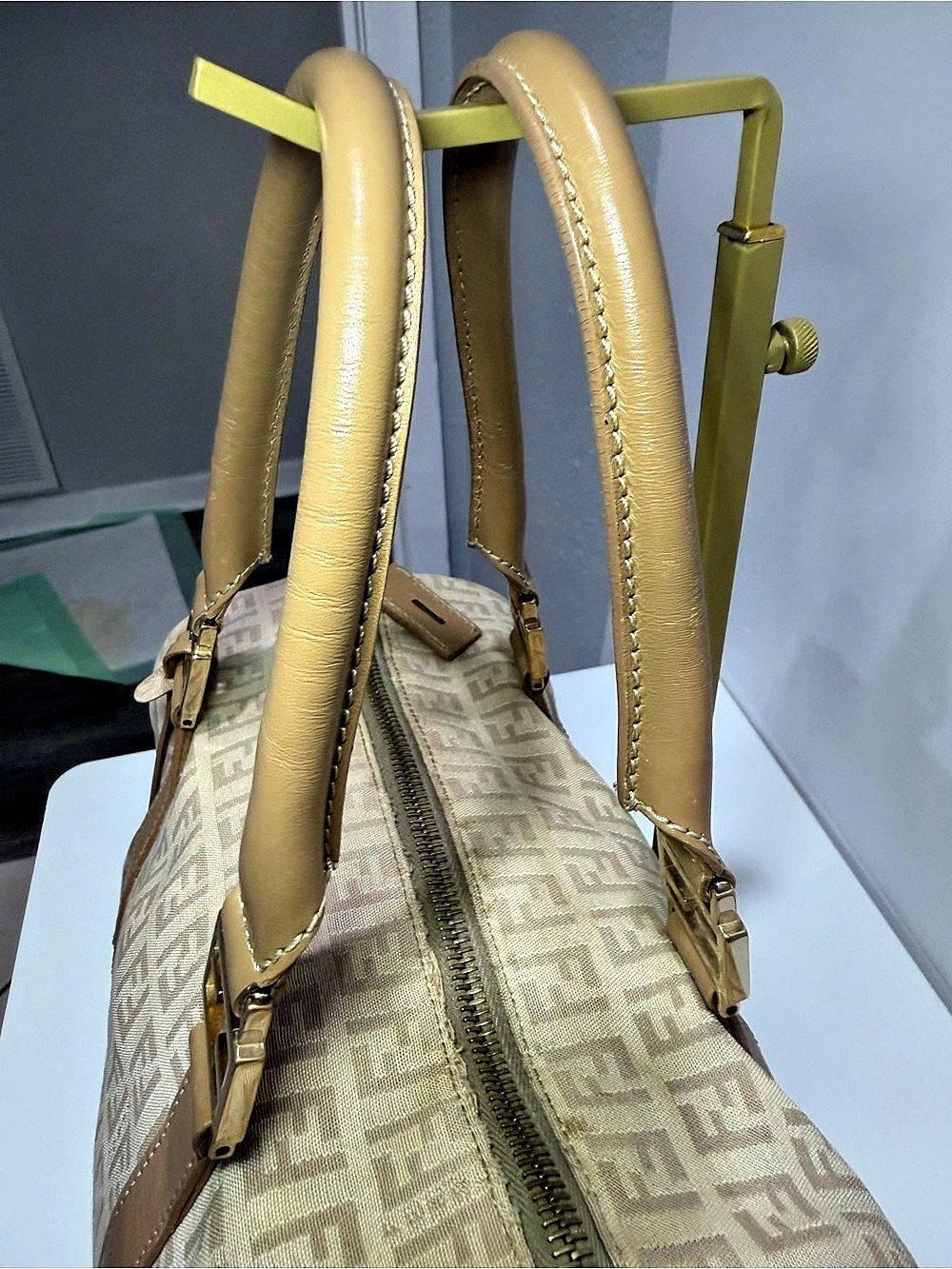 Vintage Fendi Zucchino FF Monogram Boston Bag Beige Tan Canvas Leather - Picture 5 of 12